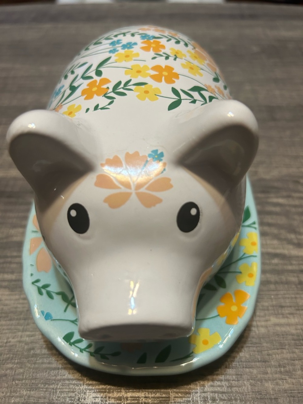 Pig Butter Dish Keeper Storage Display Floral Print Ceramic 8" Aqua Green Yellow - Picture 3 of 10